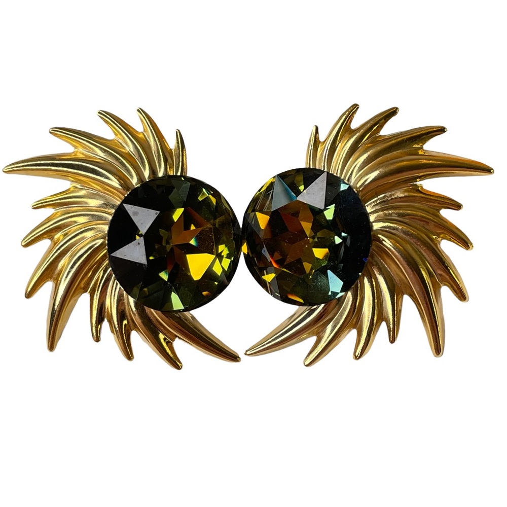 Large Watermelon Green Glass Gold Tone Clip On Earrings Vintage Swirl Unbranded